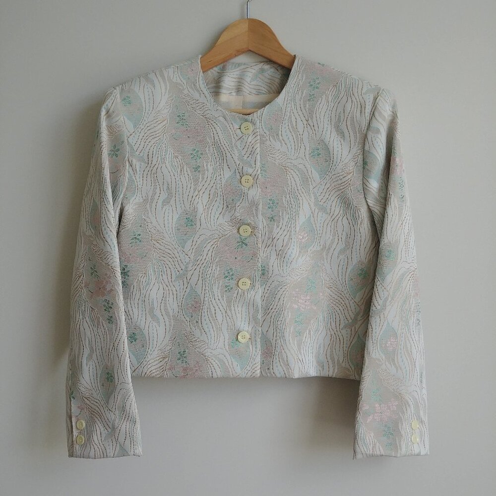 Vintage cropped blazer jacket ivory cream pink green floral approx Small
